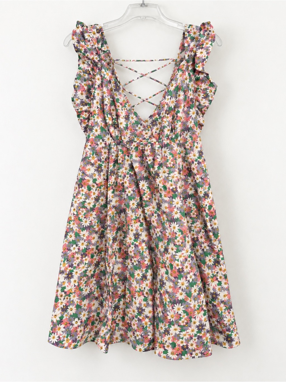 Pink Summer Daisy Print Sundress Ruffle Straps Babydoll Dress Retro NWT L #2342